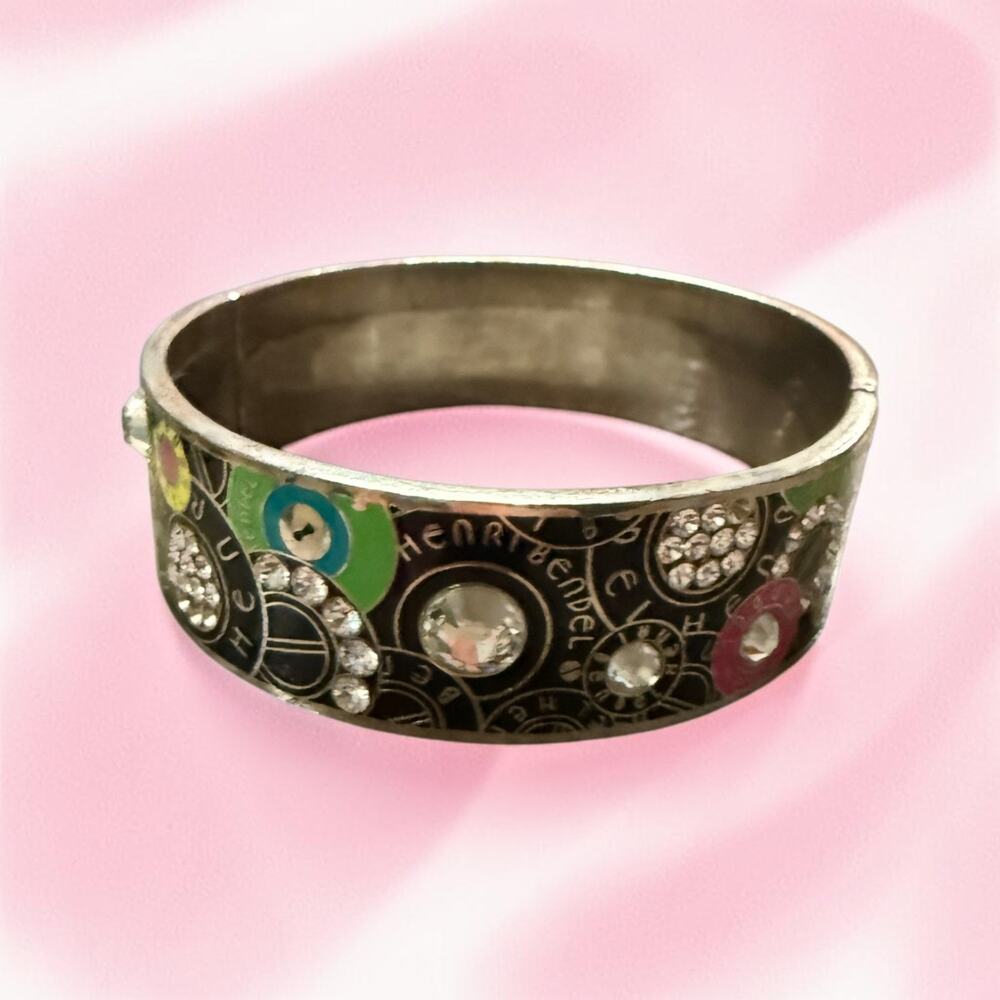 Henri Bendel Black Enamel Rhinestone Logo Hinged Wide Bangle Bracelet Y2K - Picture 3 of 6